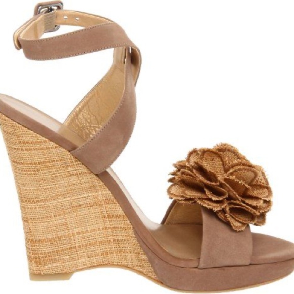 Stuart Weitzman beige suede wedge sandal with a flower detai